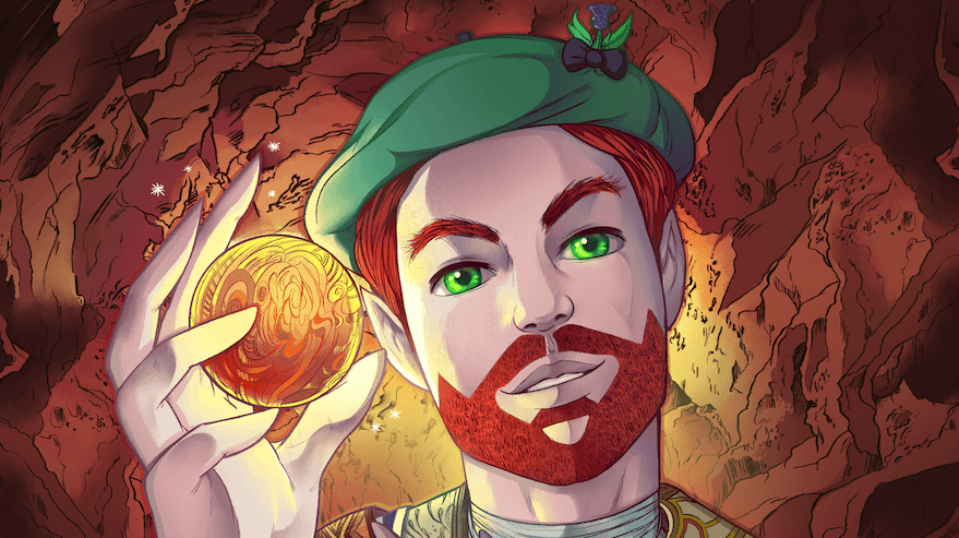 Scotsman with deep, green eyes and rich red beard holding a golden glowing orb in his hand with a Science fictional background